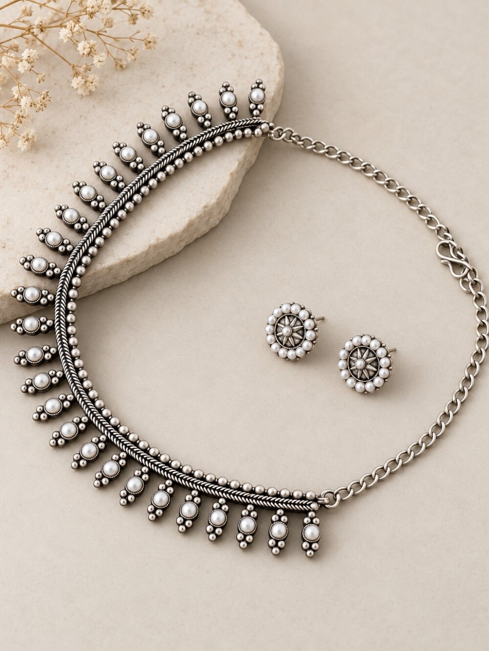 Silver Oxidized Beaded Ethnic Necklace & Earrings Set